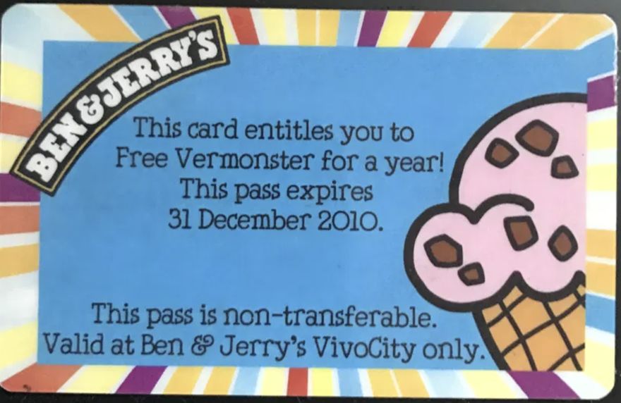 Reverse of the card: entitles the holder to a free Vermonster for a year, valid at Ben & Jerry's VivoCity, expires 31 December 2010.