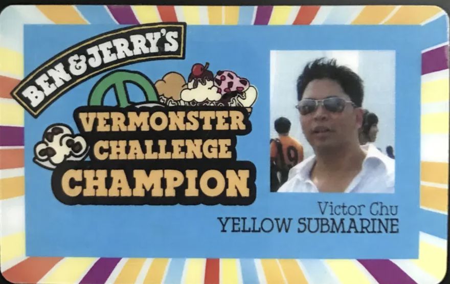 Ben & Jerry's Vermonster Challenge Champion card with Victor's photo, issued to team Yellow Submarine.